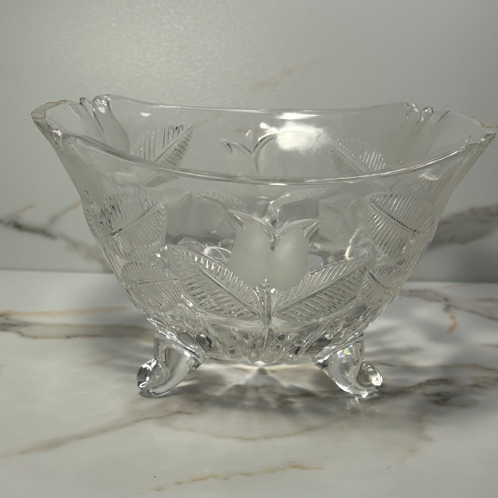 Vintage Frosted Tulip Crystal Glass Footed Basket Bowl with Detached Handle
